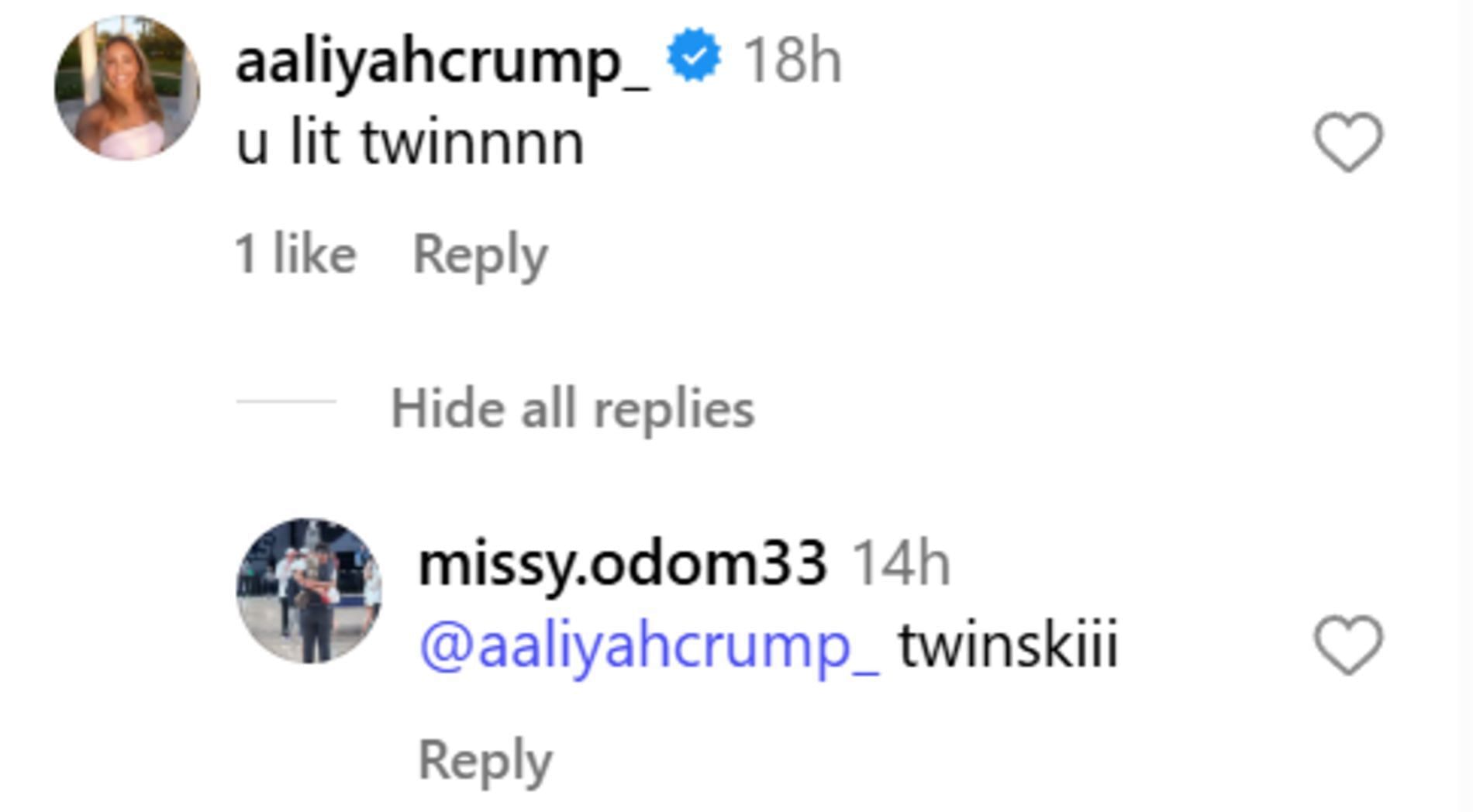 Aaliyah Crump comments on Missy Odom officially visiting Texas Tech (source: IG/ missy.odom33)